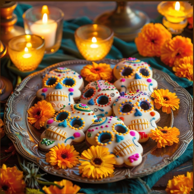 Photo colorful day of the dead altar with marigolds skull art and candlelit offerings