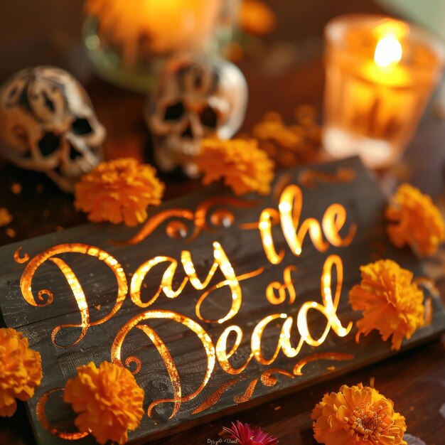 Photo colorful day of the dead altar with marigolds skull art and candlelit offerings