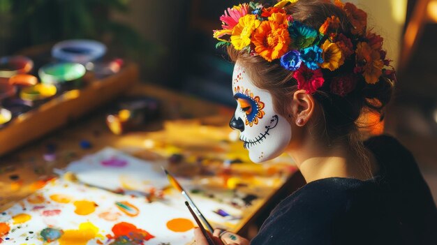 Photo colorful day of the dead face art in progress