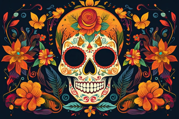 A colorful day of the dead skull with flowers.