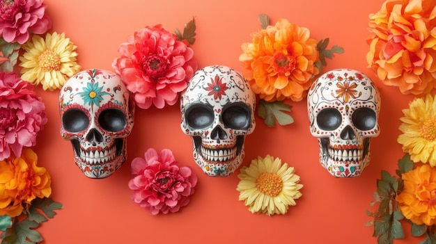 Photo colorful day of the dead skulls with flowers