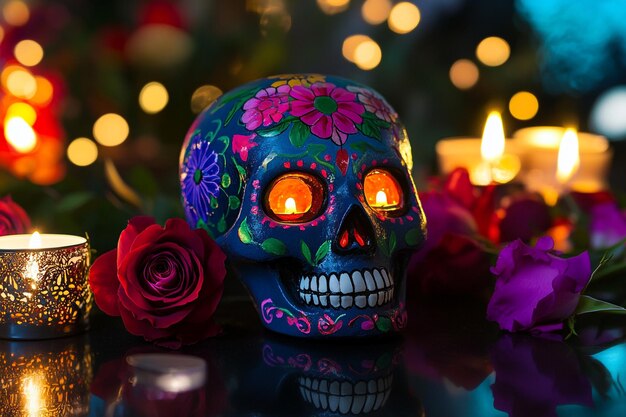 Photo colorful day of the dead sugar skull surrounded by traditional mexican candles