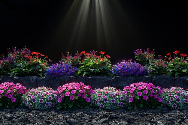 Photo colorful decorated flower garden with grey copy space on top and warm shiny spot light