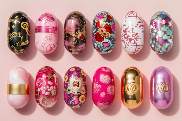 Photo colorful decorative eggs displayed on a pink background