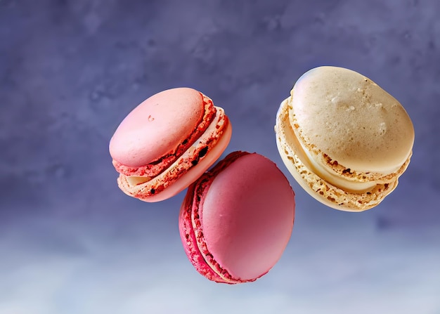 Colorful Delicacies in Flight CloseUp of Four Macaroons Soaring through the Air a Whimsical Delight