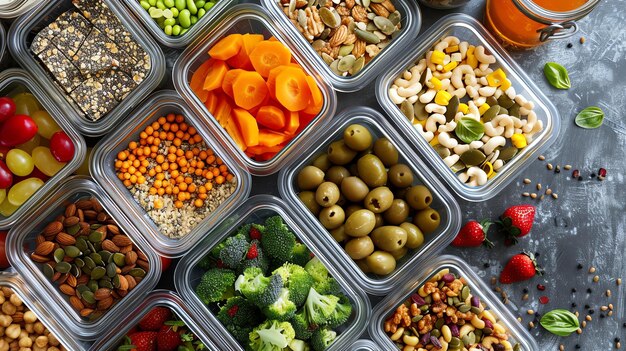 A colorful and delicious assortment of healthy snacks in glass containers