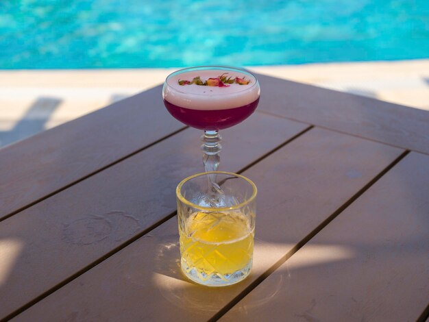 Colorful and delicious cocktails in a hotel pool