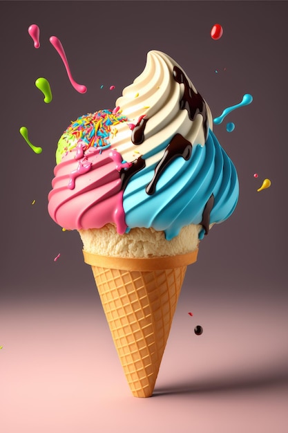 Colorful delicious ice cream melting and dripping on a colored background Explosion of flavor Generative AI