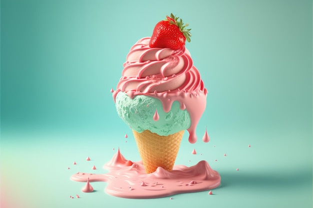 Colorful delicious ice cream melting and dripping on a colored background Explosion of flavor Generative AI