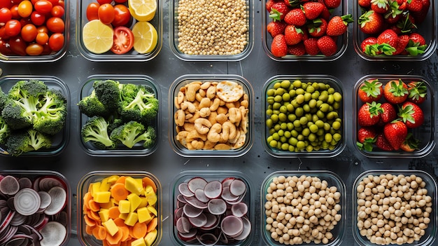 A colorful and delicious selection of fresh ingredients in glass containers perfect for