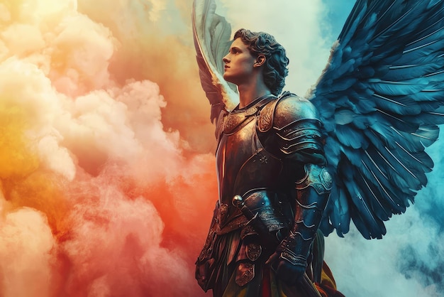 A colorful depiction of Archangel Michael in heroic pose surrounded by vibrant clouds