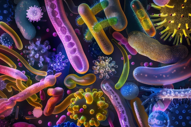 Colorful depiction of bacteria and microorganisms Vibrant microbiology concept