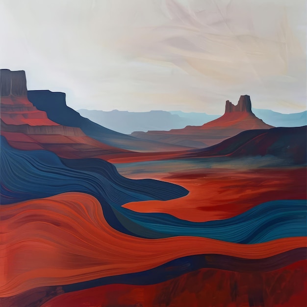 Colorful desert landscape with red sandstone formations stretching towards a distant mesa