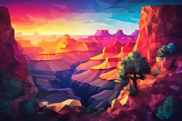 A colorful desert scene with a tree in the foreground.