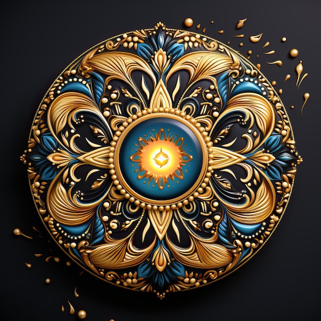 a colorful design on a black background with a gold flower