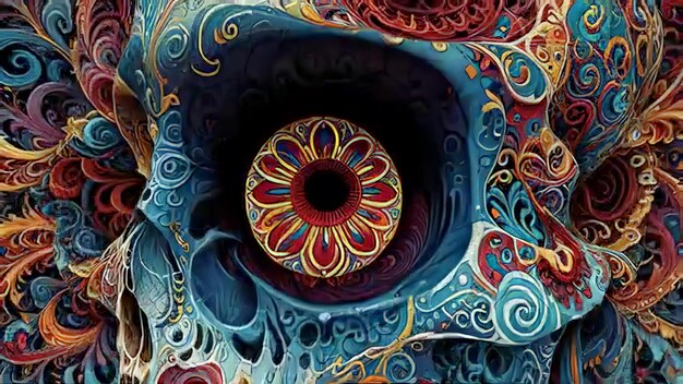 a colorful design of a eye that has a red flower on it