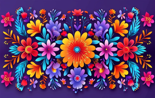 a colorful design with flowers and leaves