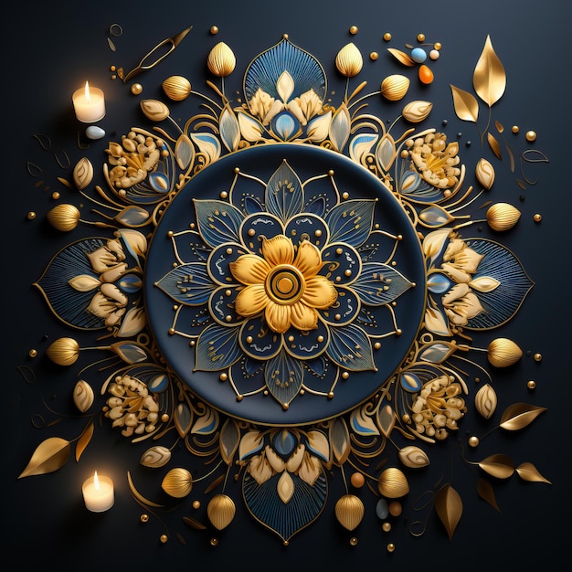 a colorful design with gold and blue colors and a black background