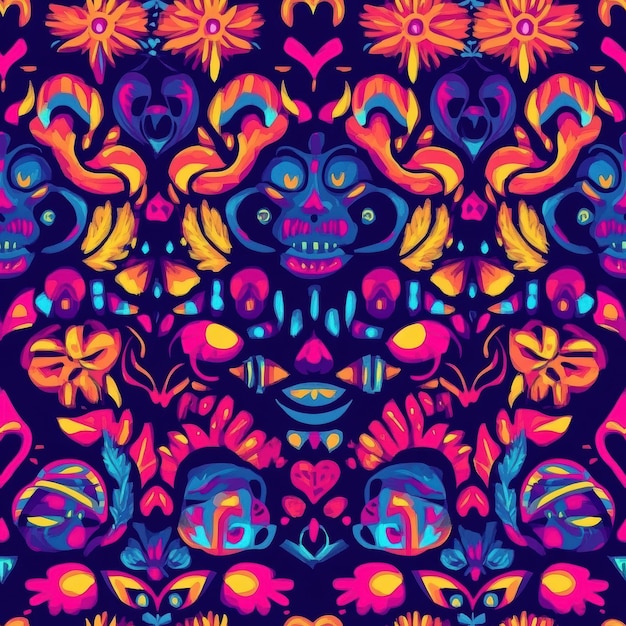 a colorful design with a skull and flowers on it