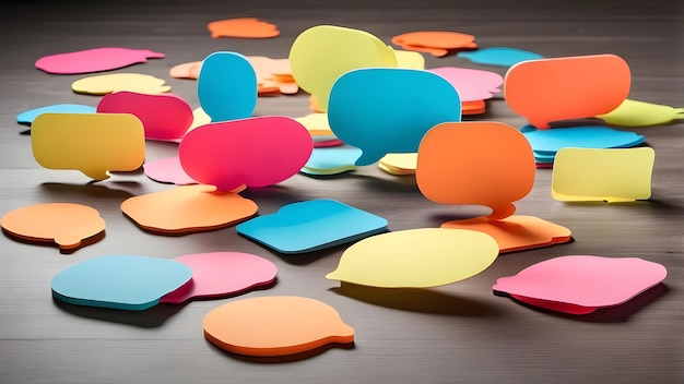 Photo a colorful desk with many colored paper on it and a colorful paper on the floor