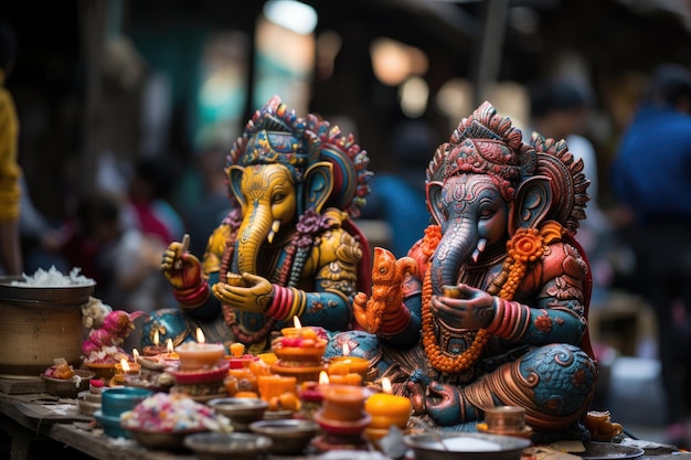 Colorful and detailed Hindu statues in handicraft market generative IA