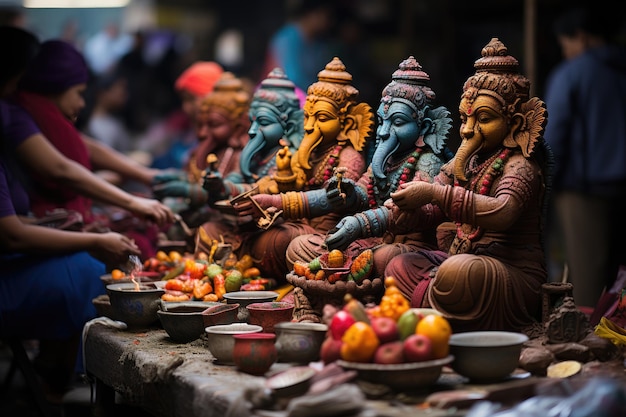 Colorful and detailed Hindu statues in handicraft market generative IA