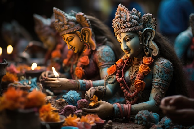 Colorful and detailed Hindu statues in handicraft market generative IA