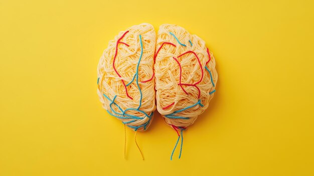 Photo a colorful detailed model of a human brain against a bright yellow background