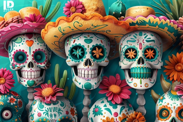 Colorful Dia de los Muertos skulls with flowers and traditional hats showcasing Mexican cultural c