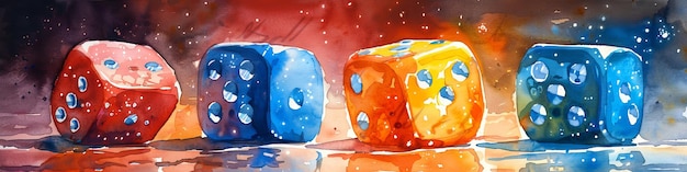 Photo colorful dice on wet surface with reflective watercolor illustration for casino and game themes