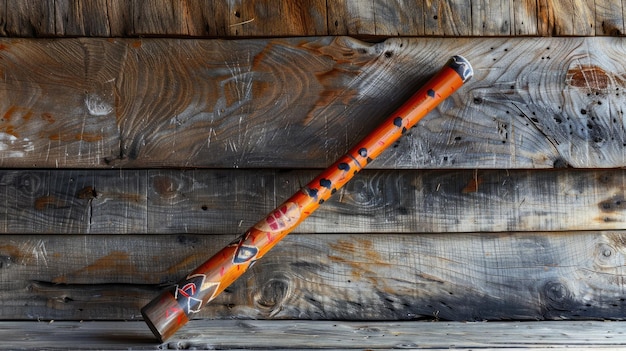 Photo colorful didgeridoo with traditional patterns on wooden background