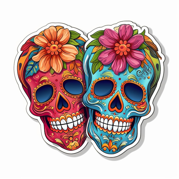 Colorful Die Cut Sticker Of 2 Calavera With Pixar And Anime Style