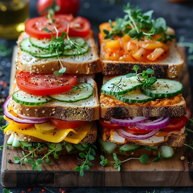 Colorful different kinds sandwiches served on wooden chopping board Vegetable toppings and herbs