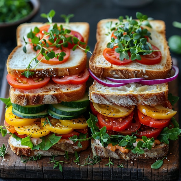 Colorful different kinds sandwiches served on wooden chopping board Vegetable toppings and herbs