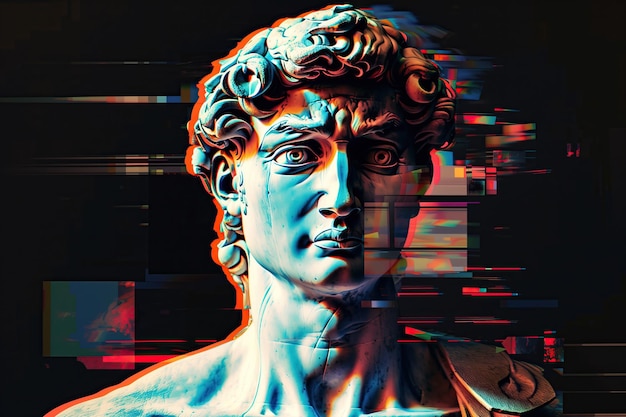 colorful digital glitches vhs lines neon style distort classical sculpture of david on dark bg