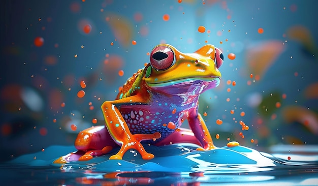 Colorful digital illustration of a whimsical frog with vibrant hues sitting on a reflective water surface with splashing droplets