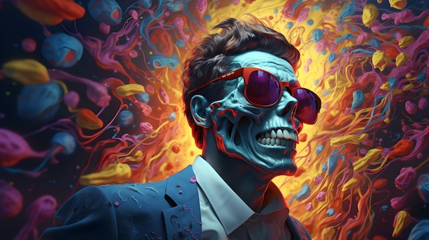 a colorful digital image of a skeletal man in his sunglasses