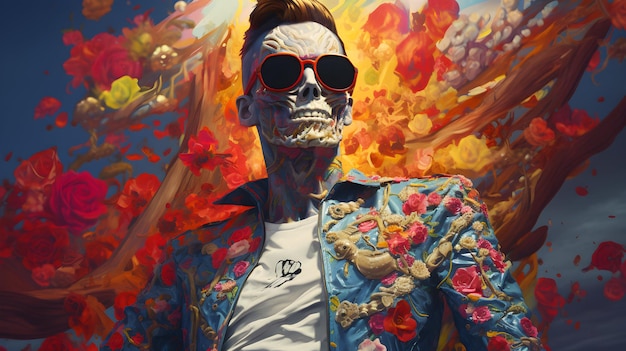 a colorful digital image of a skeletal man in his sunglasses