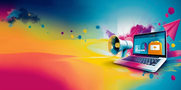 Photo colorful digital marketing concept with laptop megaphone and email icons representing creative online advertising and social media promotion