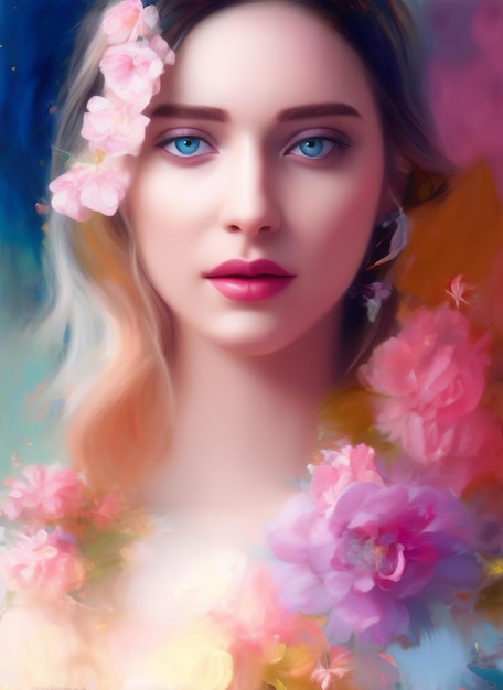 Colorful digital painting of a beautiful woman's portrait with flowers