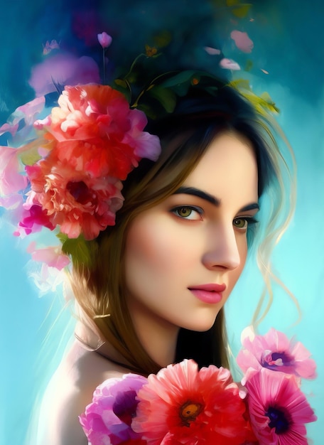 Colorful digital painting of a beautiful woman's portrait with flowers