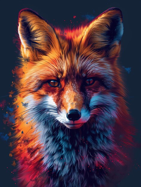 Colorful digital painting of a fox against a dark background