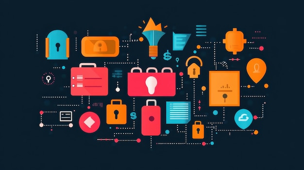 Colorful digital representation of cybersecurity concepts featuring locks data and money symbols against a dark background