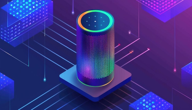 Photo colorful digital speaker surrounded by geometric shapes and dynamic light patterns at night