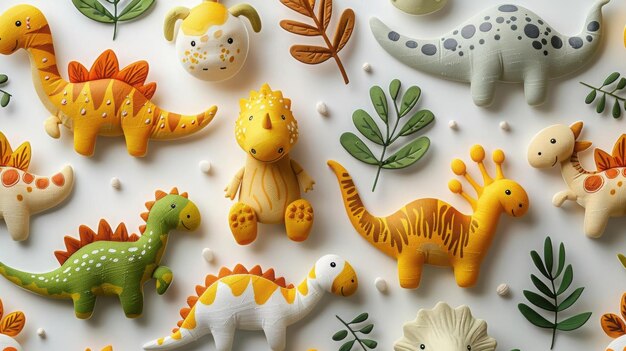 Colorful Dinosaur Plush Toys Arranged on White Background