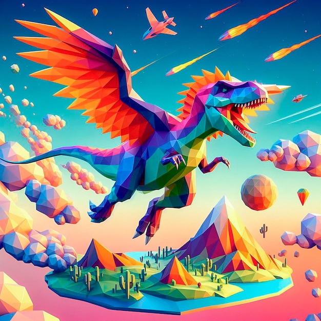 a colorful dinosaur with a dragon flying in the sky