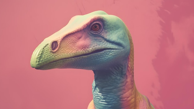 A colorful dinosaur with a pink background