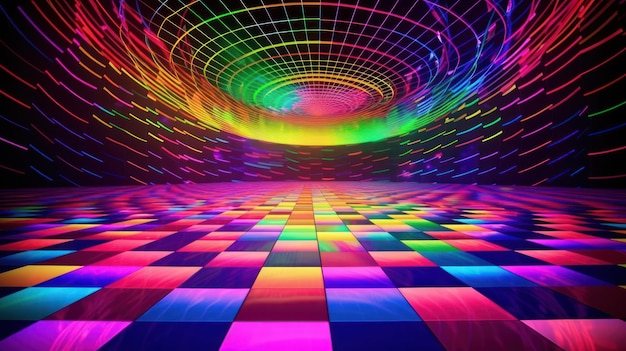 A colorful disco floor with a rainbow light on the bottom.