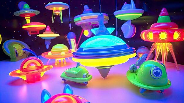 A colorful display of alien spaceships and other objects.