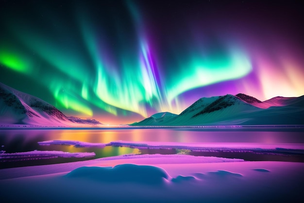 A colorful display of the aurora borealis over a frozen lake